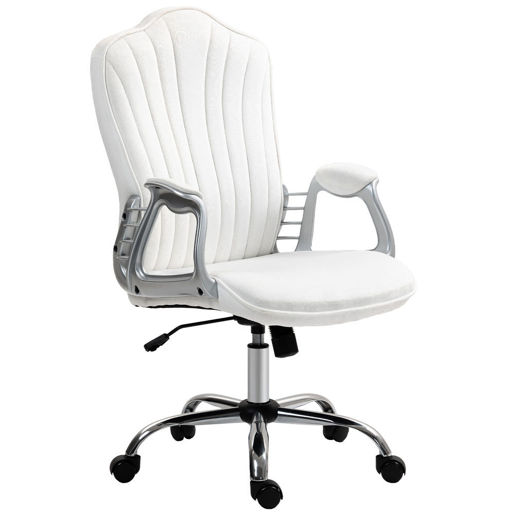 Homcom silla de oficina silla de escritorio giratoria con altura ajustable reposabrazos respaldo curvado función de basculante blanco