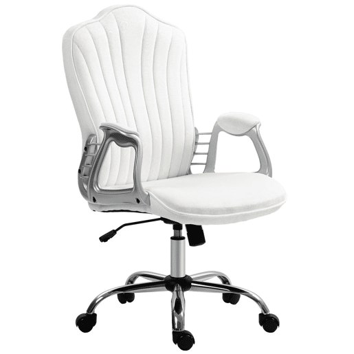HOMCOM Cadeira de Escritório com Encosto Alto Cadeira para Secretária com Altura Ajustável Apoios de Braços Função Inclinável e Rodas em PU 61x62x106-116 cm Branco