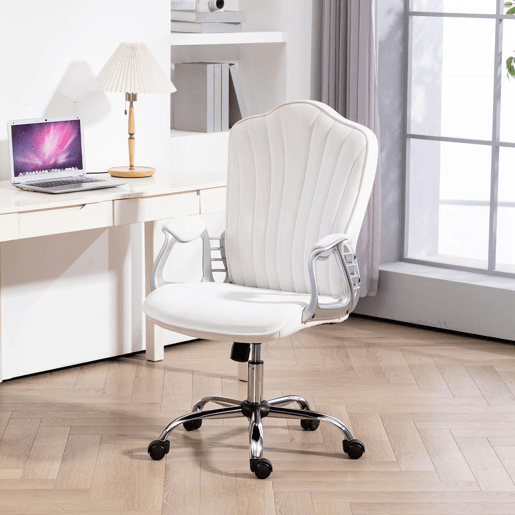 HOMCOM Cadeira de Escritório com Encosto Alto Cadeira para Secretária com Altura Ajustável Apoios de Braços Função Inclinável e Rodas em PU 61x62x106-116 cm Branco