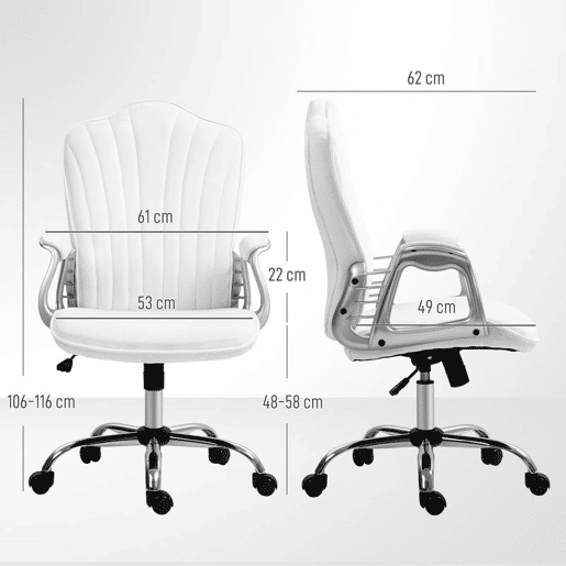 HOMCOM Cadeira de Escritório com Encosto Alto Cadeira para Secretária com Altura Ajustável Apoios de Braços Função Inclinável e Rodas em PU 61x62x106-116 cm Branco