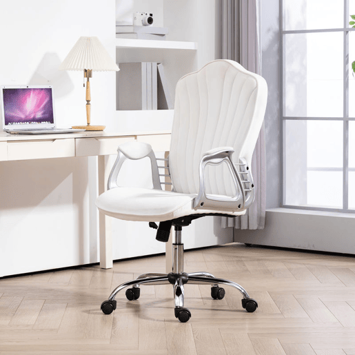 HOMCOM Cadeira de Escritório com Encosto Alto Cadeira para Secretária com Altura Ajustável Apoios de Braços Função Inclinável e Rodas em PU 61x62x106-116 cm Branco