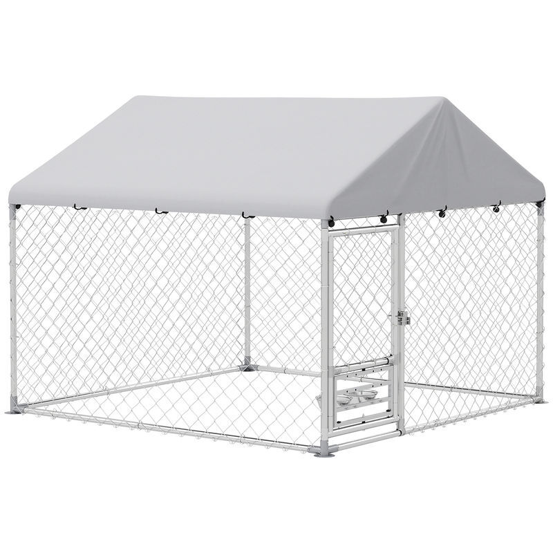 Pawhut perrera de exterior con techo 2x2x1,55 m jaula para perros de acero galvanizado con techo impermeable soporte para comida giratorio y ajustable 2 cuencos para perros medianos y pequeños