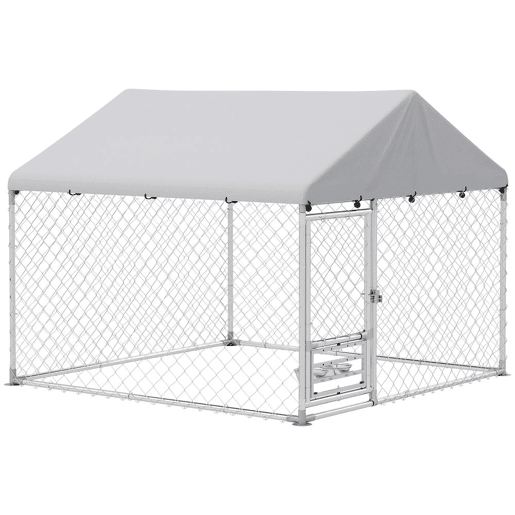 PawHut Canil Exterior com Toldo 2x2x1,54 m Gaiola para Cães em Aço Galvanizado com Teto Impermeável Suporte para Comida Giratório e Ajustável 2 Tigelas para Cães Médios e Pequenos Prata