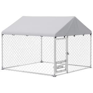 PawHut Canil Exterior com Toldo 2x2x1,54 m Gaiola para Cães em Aço Galvanizado com Teto Impermeável Suporte para Comida Giratório e Ajustável 2 Tigelas para Cães Médios e Pequenos Prata