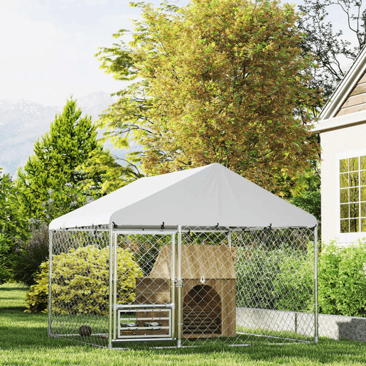 PawHut Canil Exterior com Toldo 2x2x1,54 m Gaiola para Cães em Aço Galvanizado com Teto Impermeável Suporte para Comida Giratório e Ajustável 2 Tigelas para Cães Médios e Pequenos Prata