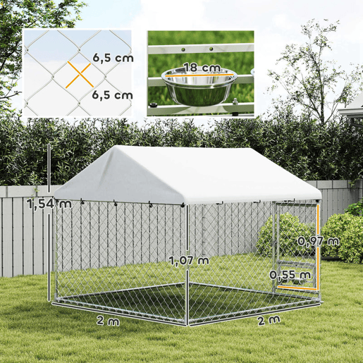 PawHut Canil Exterior com Toldo 2x2x1,54 m Gaiola para Cães em Aço Galvanizado com Teto Impermeável Suporte para Comida Giratório e Ajustável 2 Tigelas para Cães Médios e Pequenos Prata