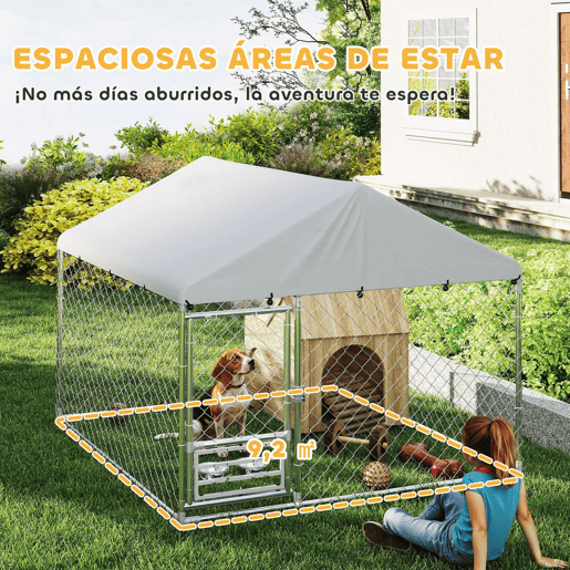 PawHut Canil Exterior com Toldo 2x2x1,54 m Gaiola para Cães em Aço Galvanizado com Teto Impermeável Suporte para Comida Giratório e Ajustável 2 Tigelas para Cães Médios e Pequenos Prata