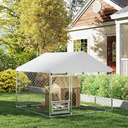 PawHut Canil Exterior com Toldo 2x2x1,54 m Gaiola para Cães em Aço Galvanizado com Teto Impermeável Suporte para Comida Giratório e Ajustável 2 Tigelas para Cães Médios e Pequenos Prata