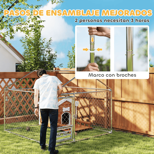 PawHut Canil Exterior com Toldo 2x2x1,54 m Gaiola para Cães em Aço Galvanizado com Teto Impermeável Suporte para Comida Giratório e Ajustável 2 Tigelas para Cães Médios e Pequenos Prata