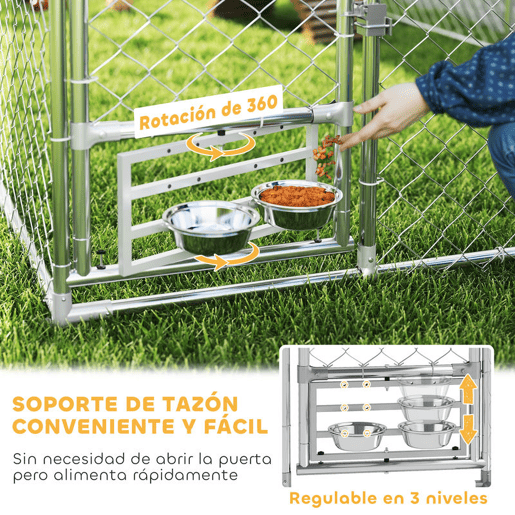 PawHut Canil Exterior com Toldo 2x2x1,54 m Gaiola para Cães em Aço Galvanizado com Teto Impermeável Suporte para Comida Giratório e Ajustável 2 Tigelas para Cães Médios e Pequenos Prata