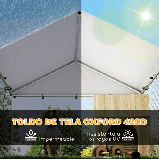 PawHut Canil Exterior com Toldo 2x2x1,54 m Gaiola para Cães em Aço Galvanizado com Teto Impermeável Suporte para Comida Giratório e Ajustável 2 Tigelas para Cães Médios e Pequenos Prata