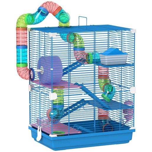 PawHut - Jaula para Hamster de 5 Níveis, Casa para Roedores Pequenos com Túnel, Plataformas, Tigela, Bebedouro, Casinha, Rampas e Roda de Exercício, para Gerbos, 46x30x58 cm, Azul