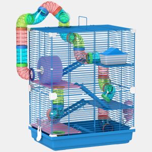 PawHut - Jaula para Hamster de 5 Níveis, Casa para Roedores Pequenos com Túnel, Plataformas, Tigela, Bebedouro, Casinha, Rampas e Roda de Exercício, para Gerbos, 46x30x58 cm, Azul