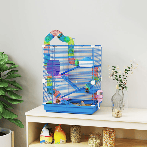 PawHut - Jaula para Hamster de 5 Níveis, Casa para Roedores Pequenos com Túnel, Plataformas, Tigela, Bebedouro, Casinha, Rampas e Roda de Exercício, para Gerbos, 46x30x58 cm, Azul