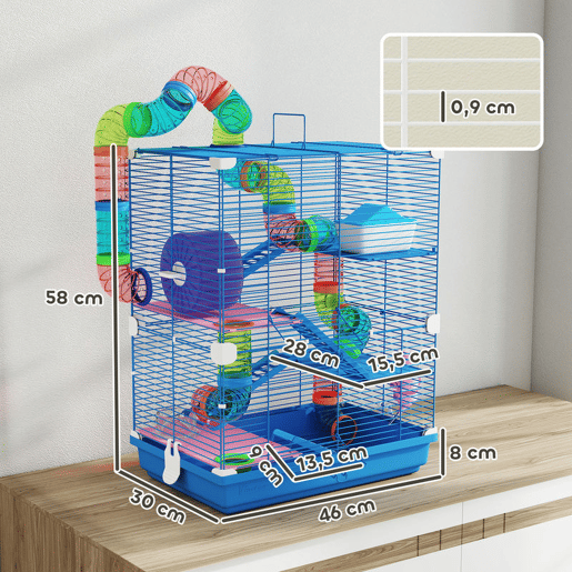 PawHut - Jaula para Hamster de 5 Níveis, Casa para Roedores Pequenos com Túnel, Plataformas, Tigela, Bebedouro, Casinha, Rampas e Roda de Exercício, para Gerbos, 46x30x58 cm, Azul