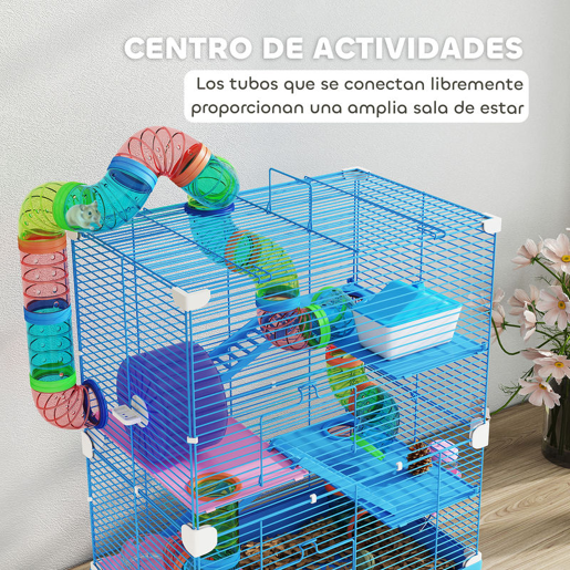PawHut - Jaula para Hamster de 5 Níveis, Casa para Roedores Pequenos com Túnel, Plataformas, Tigela, Bebedouro, Casinha, Rampas e Roda de Exercício, para Gerbos, 46x30x58 cm, Azul