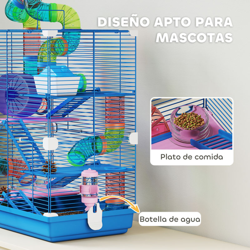 PawHut - Jaula para Hamster de 5 Níveis, Casa para Roedores Pequenos com Túnel, Plataformas, Tigela, Bebedouro, Casinha, Rampas e Roda de Exercício, para Gerbos, 46x30x58 cm, Azul