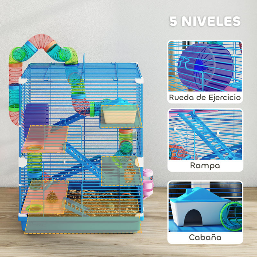 PawHut - Jaula para Hamster de 5 Níveis, Casa para Roedores Pequenos com Túnel, Plataformas, Tigela, Bebedouro, Casinha, Rampas e Roda de Exercício, para Gerbos, 46x30x58 cm, Azul