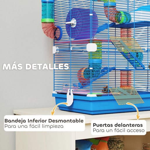 PawHut - Jaula para Hamster de 5 Níveis, Casa para Roedores Pequenos com Túnel, Plataformas, Tigela, Bebedouro, Casinha, Rampas e Roda de Exercício, para Gerbos, 46x30x58 cm, Azul