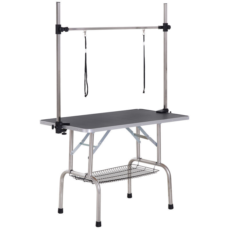 Pawhut mesa de peluquería canina plegable, mesa de aseo con cesta de rejilla metálica, encimera antideslizante, barra de acero inoxidable ajustable,
