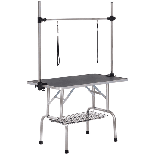 PawHut Mesa de Tosquia para Animais de Estimação Mesa de Tosquia para Cães Dobrável com Prateleira de Armazenamento Estrutura de Aço e Altura Ajustável 20-80 cm 107x60x170 cm Preto