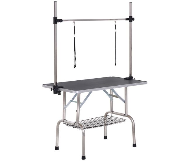 Pawhut mesa de peluquería canina plegable, mesa de aseo con cesta de rejilla metálica, encimera antideslizante, barra de acero inoxidable ajustable,