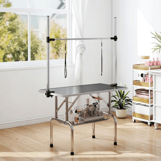PawHut Mesa de Tosquia para Animais de Estimação Mesa de Tosquia para Cães Dobrável com Prateleira de Armazenamento Estrutura de Aço e Altura Ajustável 20-80 cm 107x60x170 cm Preto