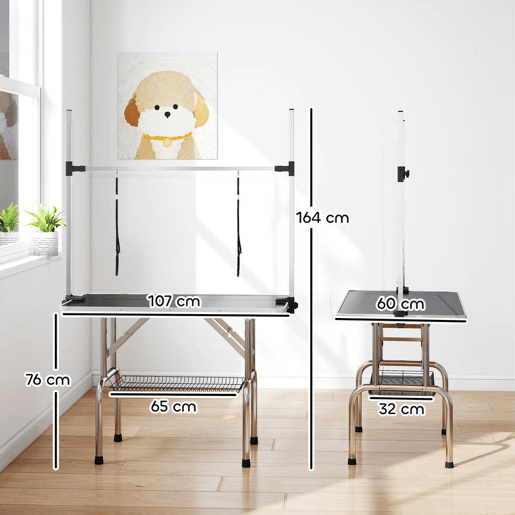 PawHut Mesa de Tosquia para Animais de Estimação Mesa de Tosquia para Cães Dobrável com Prateleira de Armazenamento Estrutura de Aço e Altura Ajustável 20-80 cm 107x60x170 cm Preto