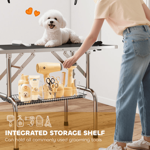 PawHut Mesa de Tosquia para Animais de Estimação Mesa de Tosquia para Cães Dobrável com Prateleira de Armazenamento Estrutura de Aço e Altura Ajustável 20-80 cm 107x60x170 cm Preto
