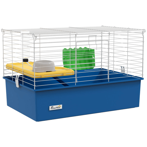 PawHut Gaiola para Visons com Bandeja Inferior Gaiola para Animais Pequenos com Plataforma com Rampa Comedouro e Bebedouro Recinto para Coelhos Pequenos Chinchilas Cobaias 71x46x47 cm Branco e Azul