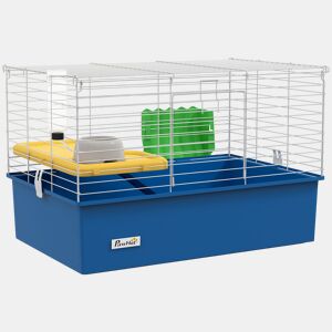 PawHut Gaiola para Visons com Bandeja Inferior Gaiola para Animais Pequenos com Plataforma com Rampa Comedouro e Bebedouro Recinto para Coelhos Pequenos Chinchilas Cobaias 71x46x47 cm Branco e Azul