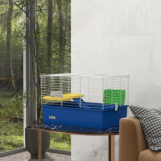 PawHut Gaiola para Visons com Bandeja Inferior Gaiola para Animais Pequenos com Plataforma com Rampa Comedouro e Bebedouro Recinto para Coelhos Pequenos Chinchilas Cobaias 71x46x47 cm Branco e Azul