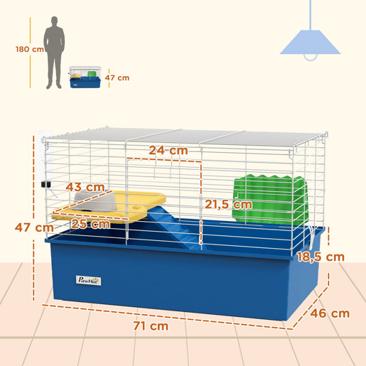 PawHut Gaiola para Visons com Bandeja Inferior Gaiola para Animais Pequenos com Plataforma com Rampa Comedouro e Bebedouro Recinto para Coelhos Pequenos Chinchilas Cobaias 71x46x47 cm Branco e Azul