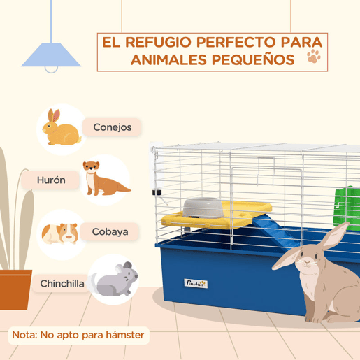 PawHut Gaiola para Visons com Bandeja Inferior Gaiola para Animais Pequenos com Plataforma com Rampa Comedouro e Bebedouro Recinto para Coelhos Pequenos Chinchilas Cobaias 71x46x47 cm Branco e Azul