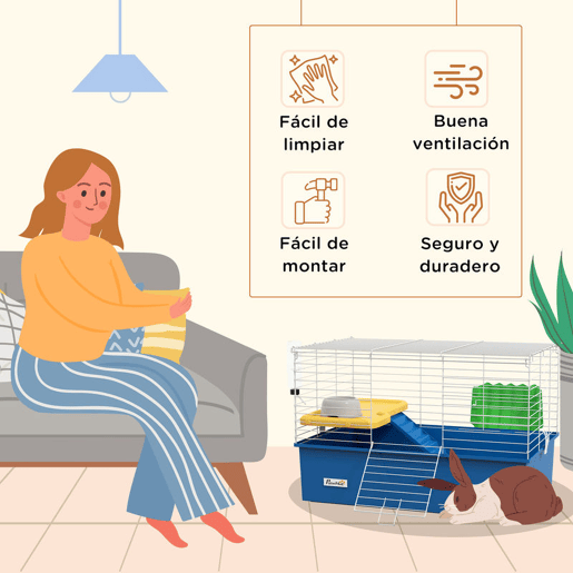PawHut Gaiola para Visons com Bandeja Inferior Gaiola para Animais Pequenos com Plataforma com Rampa Comedouro e Bebedouro Recinto para Coelhos Pequenos Chinchilas Cobaias 71x46x47 cm Branco e Azul