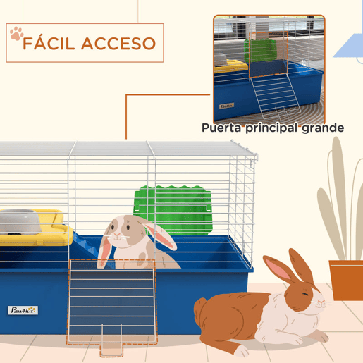PawHut Gaiola para Visons com Bandeja Inferior Gaiola para Animais Pequenos com Plataforma com Rampa Comedouro e Bebedouro Recinto para Coelhos Pequenos Chinchilas Cobaias 71x46x47 cm Branco e Azul