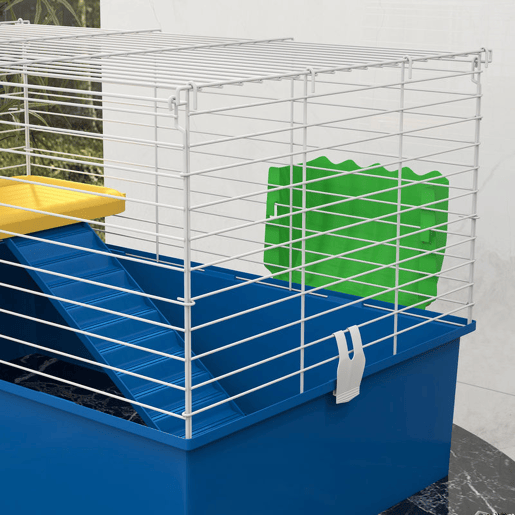 PawHut Gaiola para Visons com Bandeja Inferior Gaiola para Animais Pequenos com Plataforma com Rampa Comedouro e Bebedouro Recinto para Coelhos Pequenos Chinchilas Cobaias 71x46x47 cm Branco e Azul