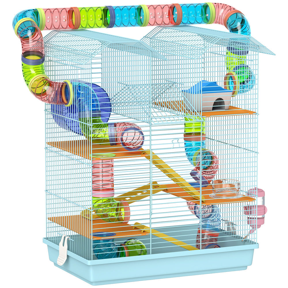 Pawhut jaula para hámster de 5 niveles, 47x30x59 cm, casa para animales pequeños con túnel, comedero, bebedero, casita, rueda de ejercicio, escaleras, para ratas y jerbos, azul claro