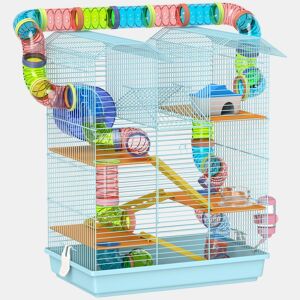 PawHut Gaiola para Hamster Casa para Animais Pequenos de Múltiplos Níveis com Sistema de Tubos 4 Plataformas Comedouro Bebedouro Casinha Roda de Exercício Escadas e Bandeja 47x30x59 cm Azul Claro