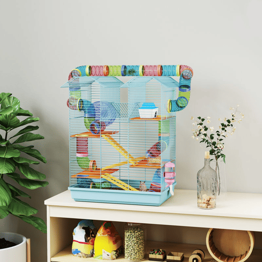 PawHut Gaiola para Hamster Casa para Animais Pequenos de Múltiplos Níveis com Sistema de Tubos 4 Plataformas Comedouro Bebedouro Casinha Roda de Exercício Escadas e Bandeja 47x30x59 cm Azul Claro