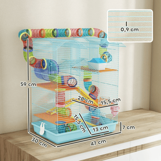 PawHut Gaiola para Hamster Casa para Animais Pequenos de Múltiplos Níveis com Sistema de Tubos 4 Plataformas Comedouro Bebedouro Casinha Roda de Exercício Escadas e Bandeja 47x30x59 cm Azul Claro