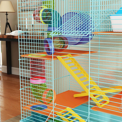 PawHut Gaiola para Hamster Casa para Animais Pequenos de Múltiplos Níveis com Sistema de Tubos 4 Plataformas Comedouro Bebedouro Casinha Roda de Exercício Escadas e Bandeja 47x30x59 cm Azul Claro