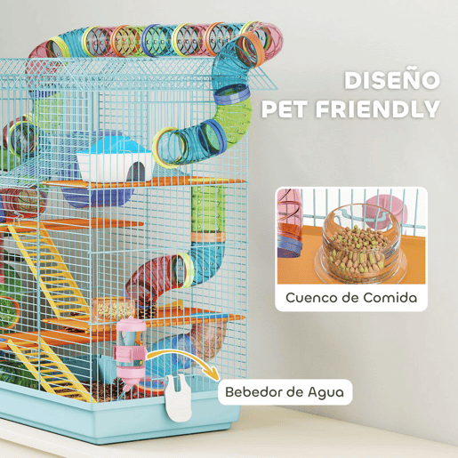 PawHut Gaiola para Hamster Casa para Animais Pequenos de Múltiplos Níveis com Sistema de Tubos 4 Plataformas Comedouro Bebedouro Casinha Roda de Exercício Escadas e Bandeja 47x30x59 cm Azul Claro