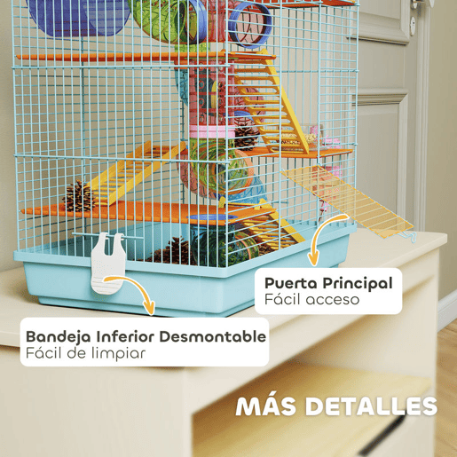 PawHut Gaiola para Hamster Casa para Animais Pequenos de Múltiplos Níveis com Sistema de Tubos 4 Plataformas Comedouro Bebedouro Casinha Roda de Exercício Escadas e Bandeja 47x30x59 cm Azul Claro