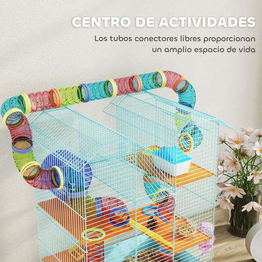 PawHut Gaiola para Hamster Casa para Animais Pequenos de Múltiplos Níveis com Sistema de Tubos 4 Plataformas Comedouro Bebedouro Casinha Roda de Exercício Escadas e Bandeja 47x30x59 cm Azul Claro