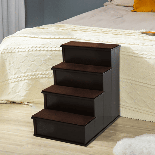 PawHut Escada para Animais de Estimação de 4 Degraus Escada para Cães e Gatos com Tapetes Antideslizantes Removíveis Carga 30 kg para Cama Sofá 40x59x54,2 cm Marrom Escuro