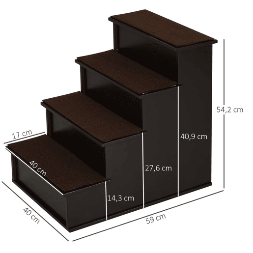 PawHut Escada para Animais de Estimação de 4 Degraus Escada para Cães e Gatos com Tapetes Antideslizantes Removíveis Carga 30 kg para Cama Sofá 40x59x54,2 cm Marrom Escuro