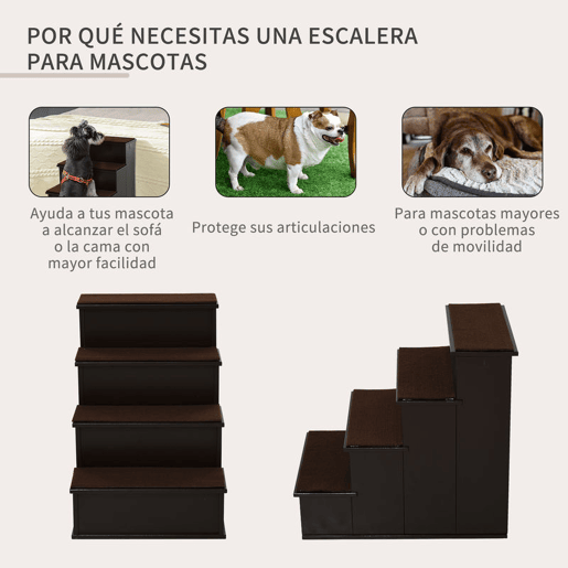 PawHut Escada para Animais de Estimação de 4 Degraus Escada para Cães e Gatos com Tapetes Antideslizantes Removíveis Carga 30 kg para Cama Sofá 40x59x54,2 cm Marrom Escuro