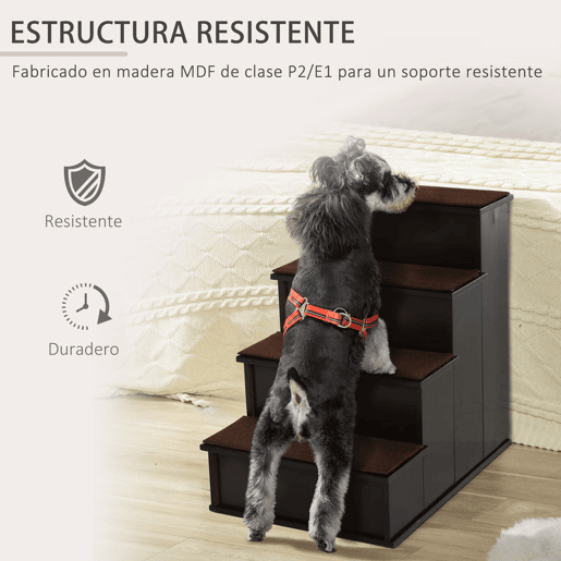 PawHut Escada para Animais de Estimação de 4 Degraus Escada para Cães e Gatos com Tapetes Antideslizantes Removíveis Carga 30 kg para Cama Sofá 40x59x54,2 cm Marrom Escuro
