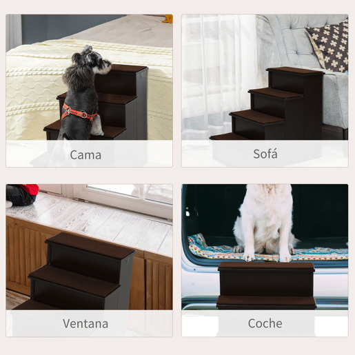 PawHut Escada para Animais de Estimação de 4 Degraus Escada para Cães e Gatos com Tapetes Antideslizantes Removíveis Carga 30 kg para Cama Sofá 40x59x54,2 cm Marrom Escuro